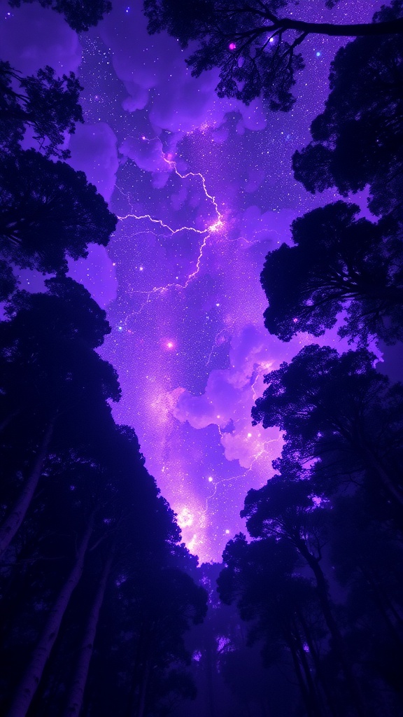 A mystical purple nebula visible through tree branches in a forest, showcasing stars and clouds.