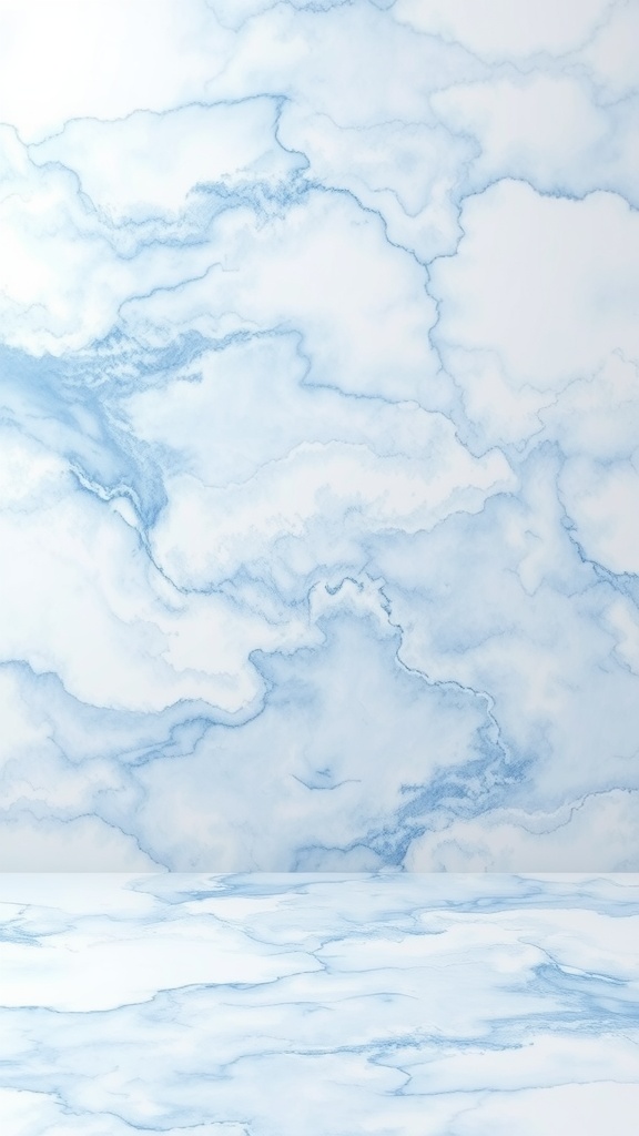 Chalky blue and white marbled wallpaper resembling clouds.