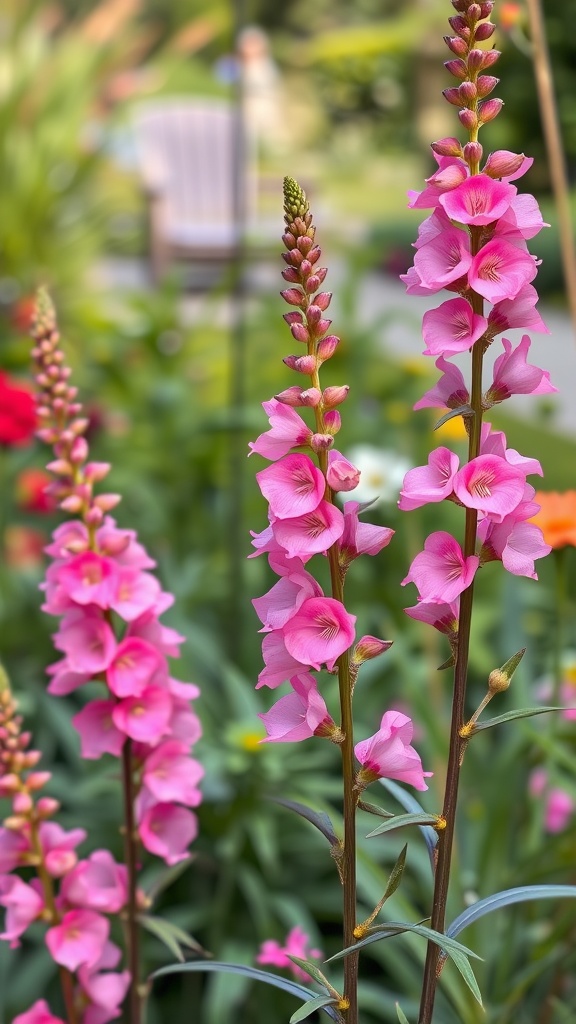 Close-up of pink snapdragon flowers in a garden.
