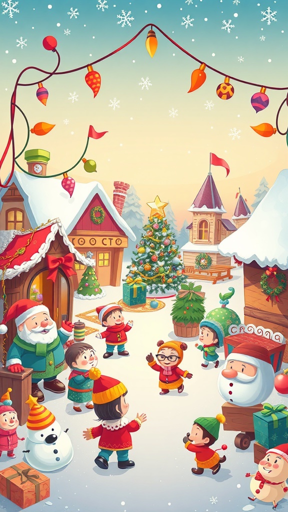 A festive scene with children and Santa celebrating winter holidays in a snowy village.