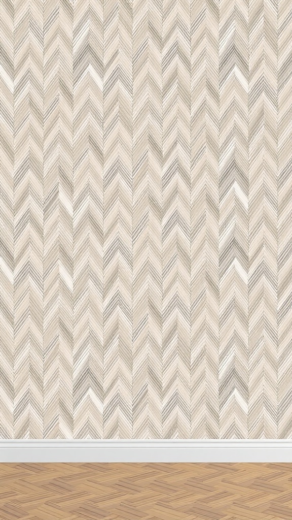 Neutral herringbone pattern wallpaper in beige and gold tones.