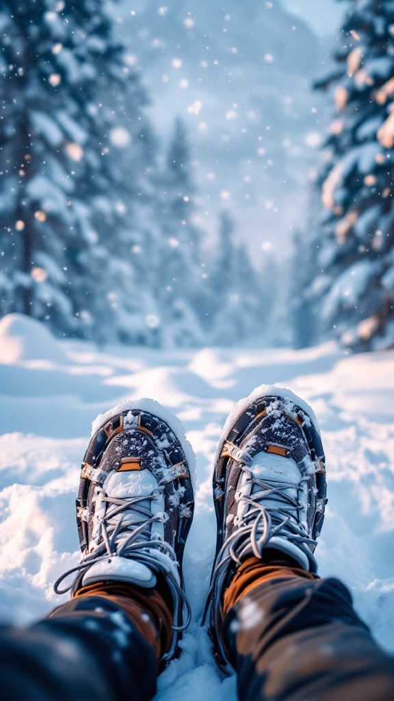 Close-up of snowshoe boots in the snow with a winter landscape in the background.