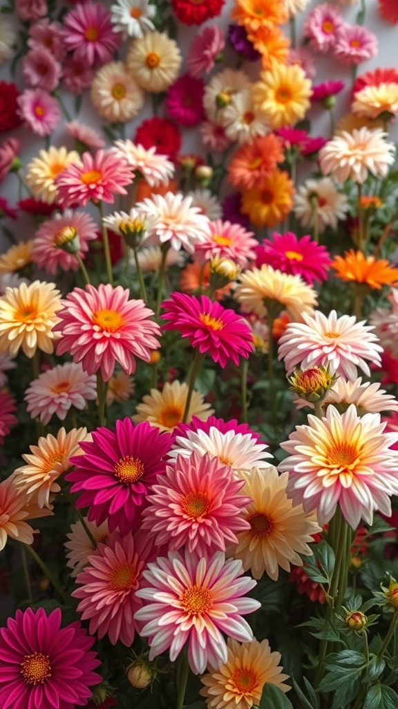 A vibrant arrangement of colorful dahlias in shades of pink, orange, and yellow, creating a cheerful floral display.