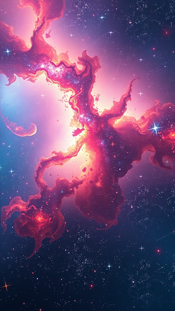 A vibrant cosmic galaxy scene with swirling pink and blue colors.