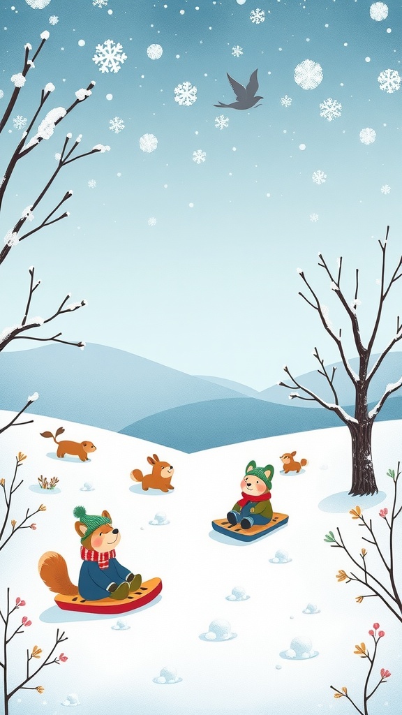 Cartoon of animals sledding in a snowy winter landscape.