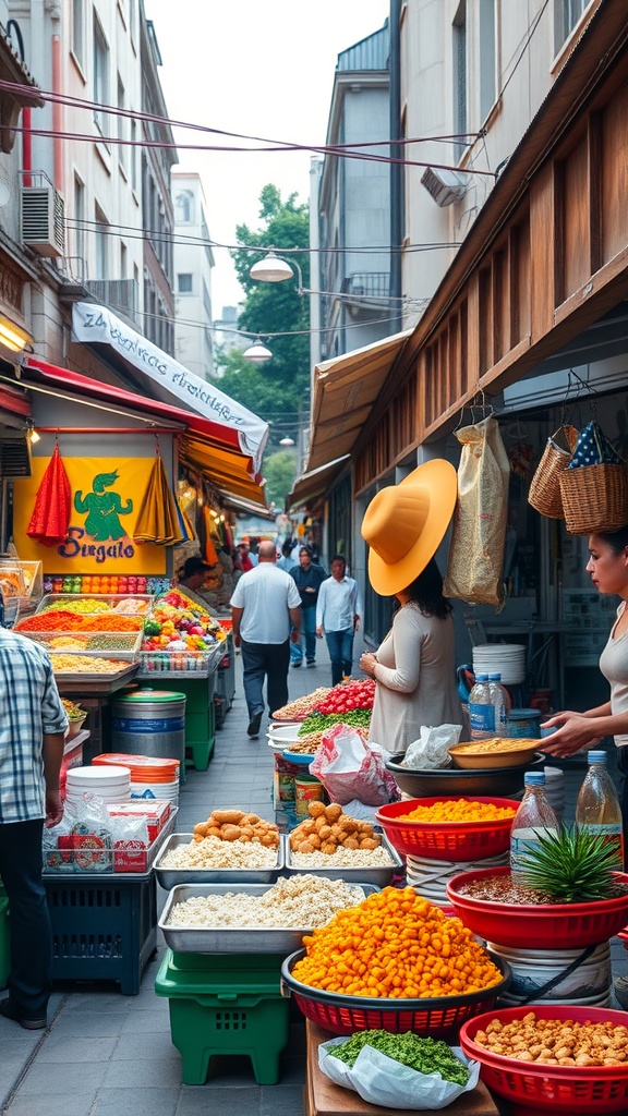 A bustling street market in Mexico City with colorful food displays and people shopping.
