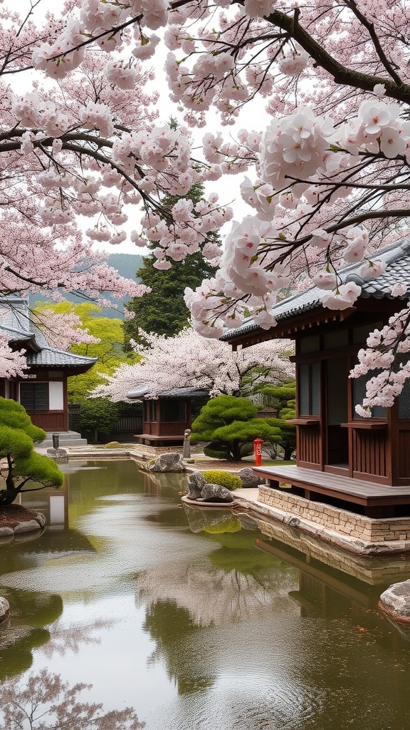 A serene scene in Kyoto with cherry blossom trees and traditional Japanese buildings near a calm pond.