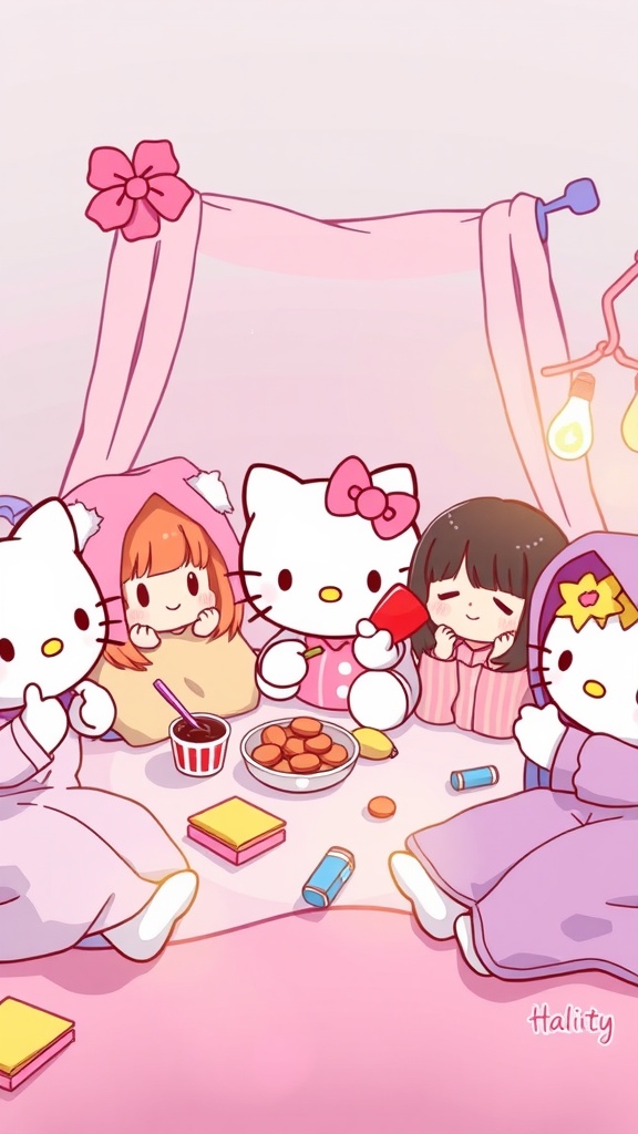 Hello Kitty and friends enjoying a pajama party with snacks and cozy blankets.