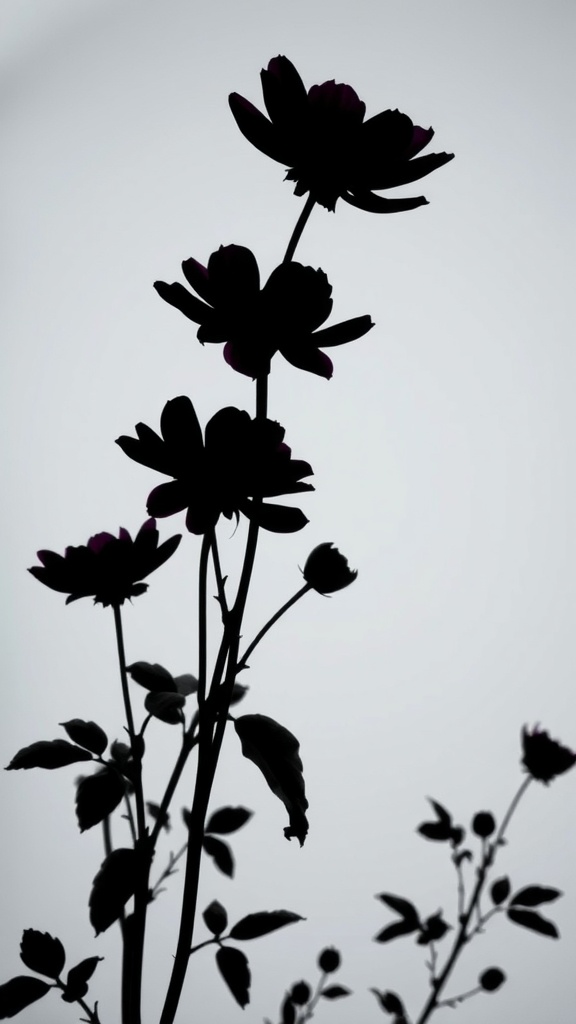 Silhouette of dark flowers against a light background.
