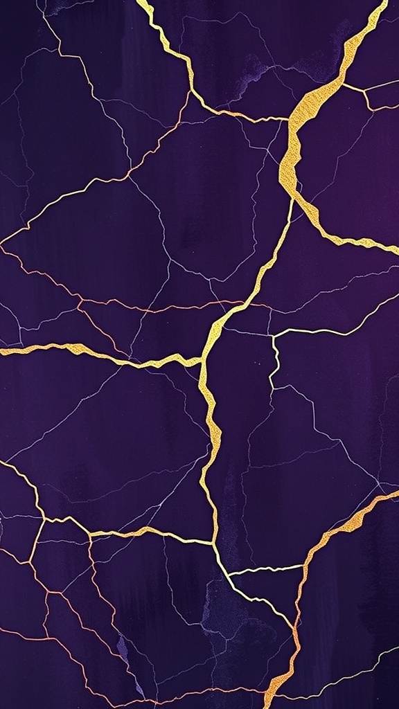 Dark purple wallpaper with gold veining design.