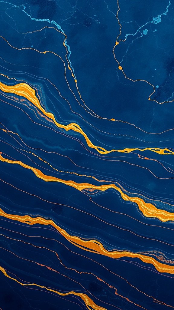 Deep ocean blue marble with gold veins and twists