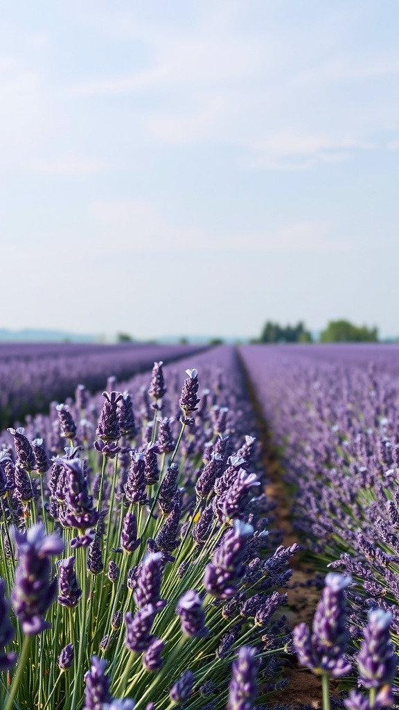 Vibrant lavender flowers in a field under a clear sky