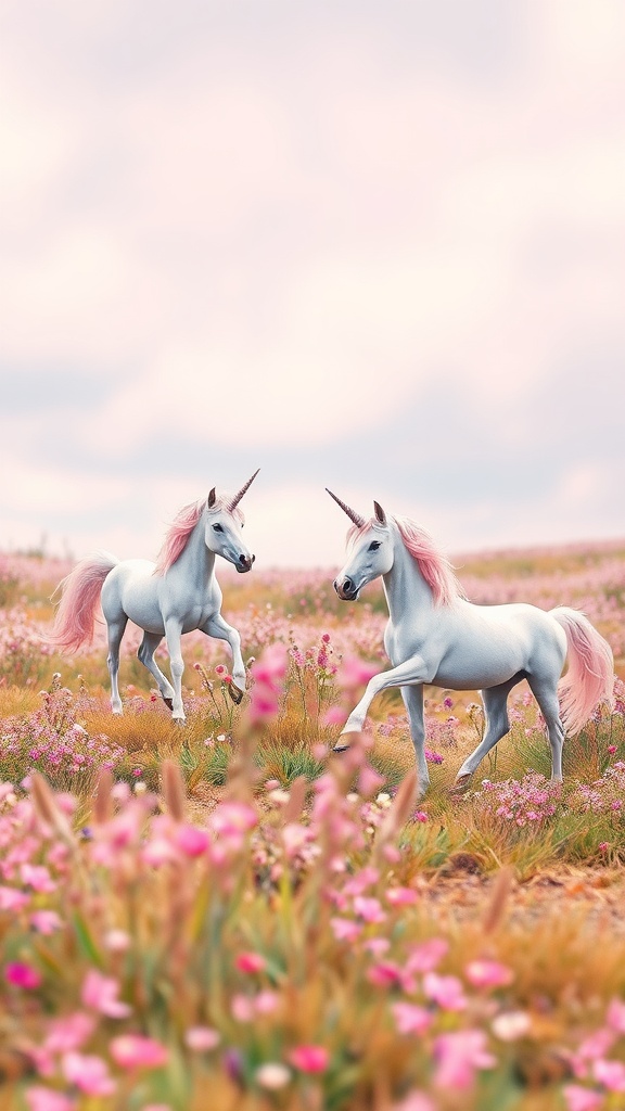 Two unicorns in a pastel landscape filled with pink flowers