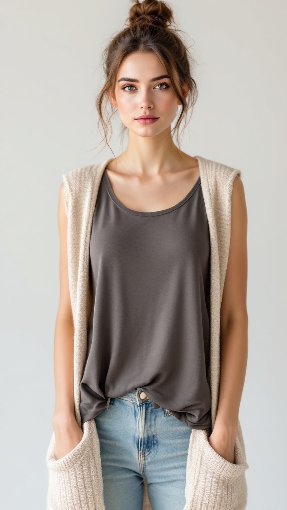 A model wearing a sleeveless tank top with a light cardigan and jeans.