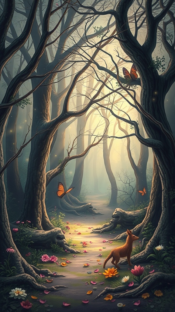 A mystical forest scene with trees, colorful flowers, butterflies, and a fox.
