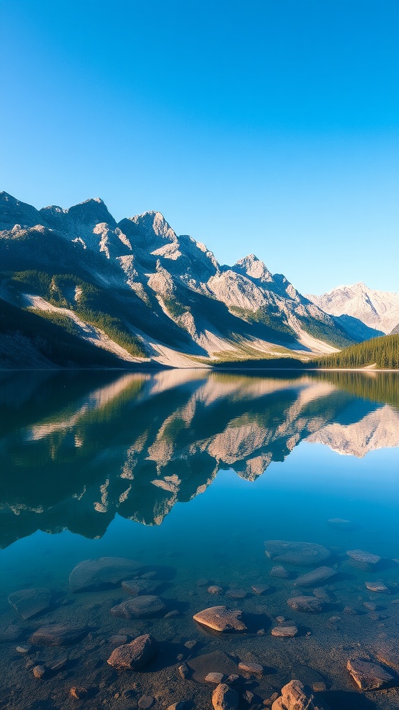 A serene lake reflecting majestic mountains under a clear blue sky.