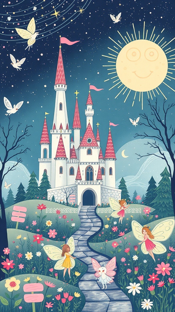 A whimsical fairy tale scene featuring a castle, fairies, flowers, and a smiling sun.