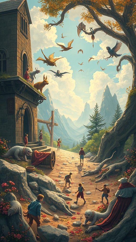 A vibrant fantasy scene with various creatures and characters in a beautiful landscape.