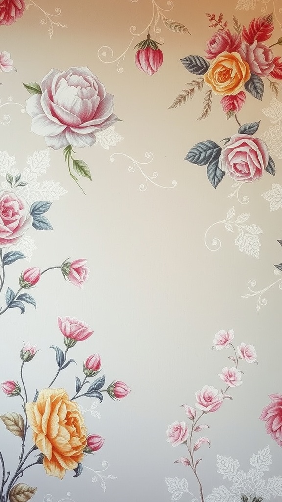 A soft floral wallpaper featuring roses and delicate lace patterns.