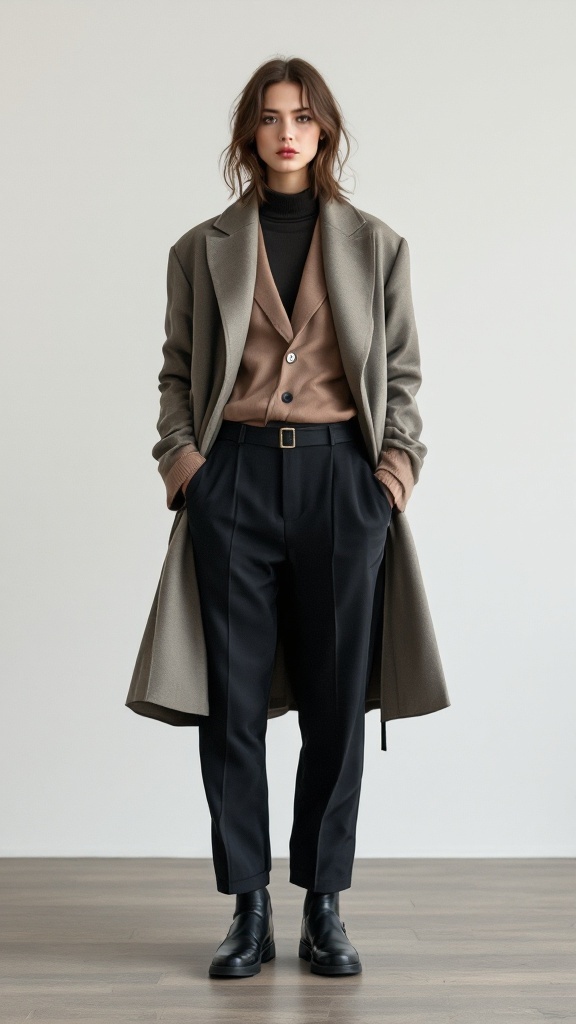 A woman wearing a stylish layered outfit with fitted clothing in neutral tones.