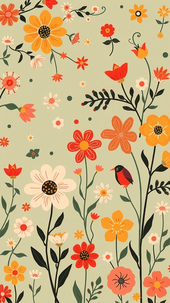 Folk art floral wallpaper featuring colorful flowers and a bird on a green background.