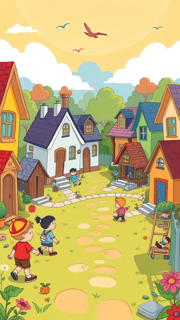 Colorful cartoon depiction of children playing in a cheerful neighborhood with houses and a sunny sky.