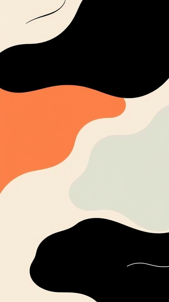 Funky abstract line art with wavy shapes in black, orange, and cream colors.