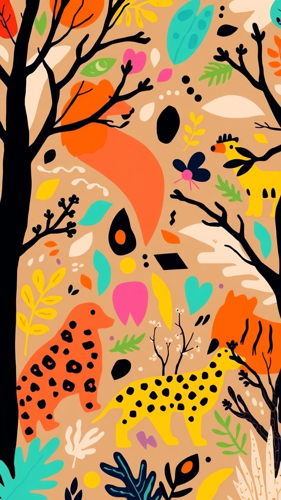 Colorful wallpaper featuring playful animal prints and vibrant foliage.