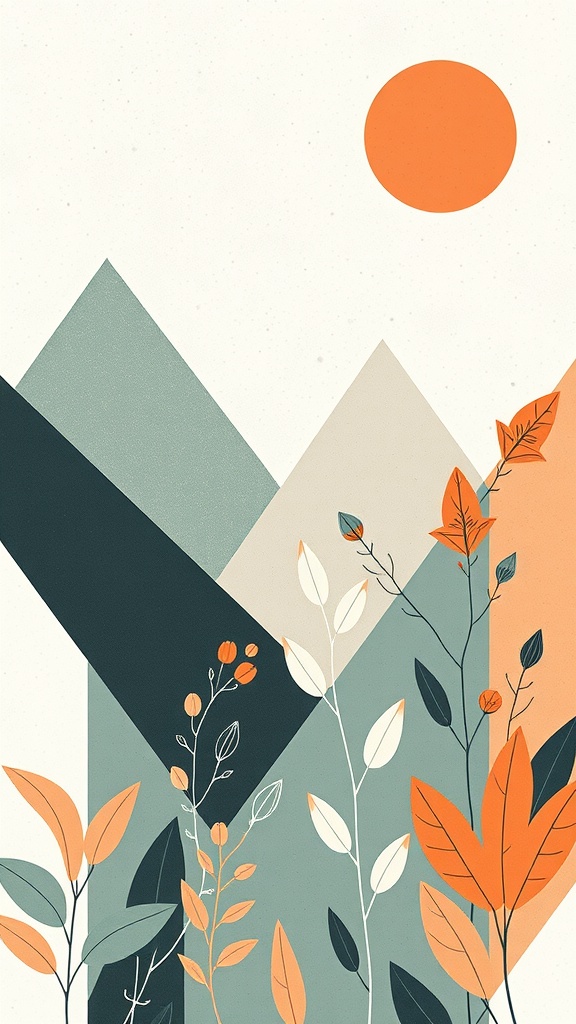 A geometric botanical wallpaper with mountains and plants in earthy tones and an orange sun.