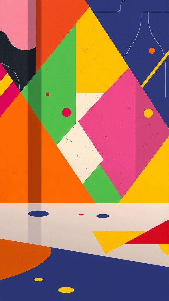 A vibrant geometric pattern featuring bold colors like orange, pink, green, and blue.