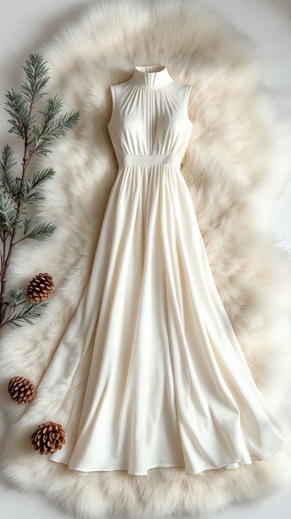 A high-neck midi dress displayed on a soft fur background with pinecones and greenery.