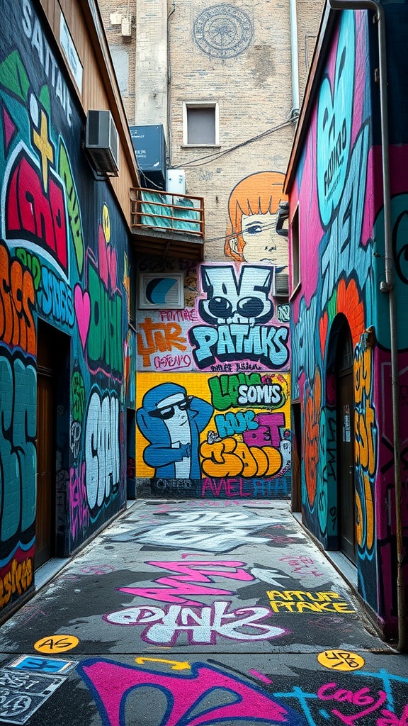 Colorful graffiti art on walls in an alley