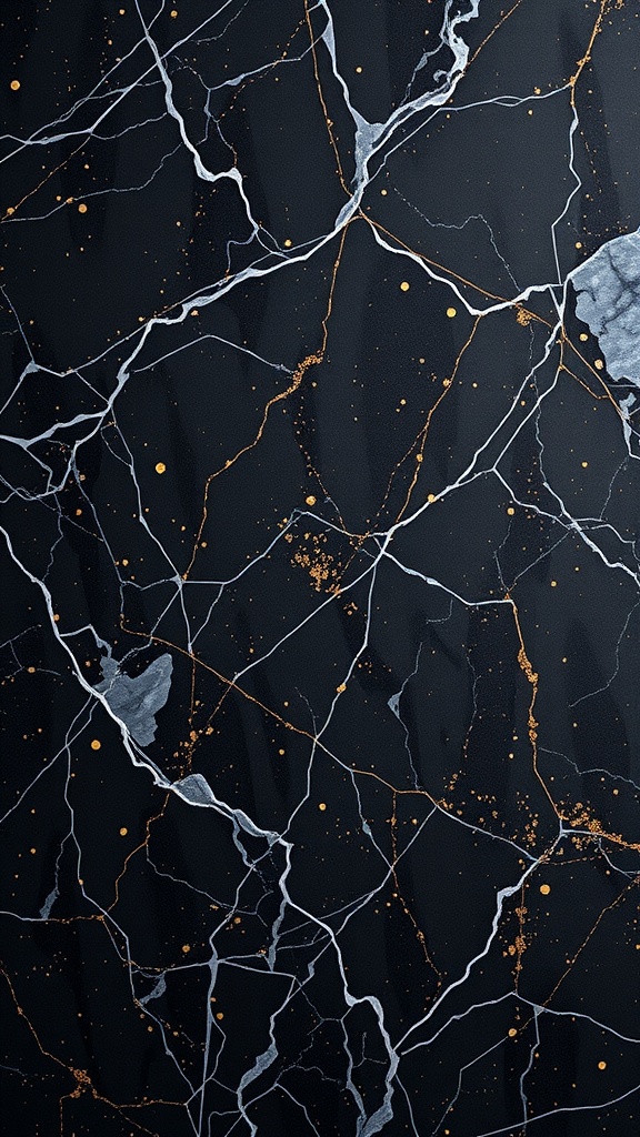 Dark marble wallpaper with gold flakes and white veins.