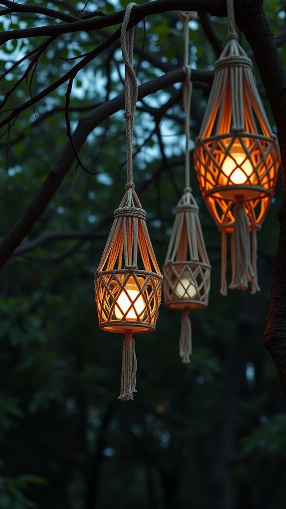 Hanging macramé lanterns glowing in a tree during evening