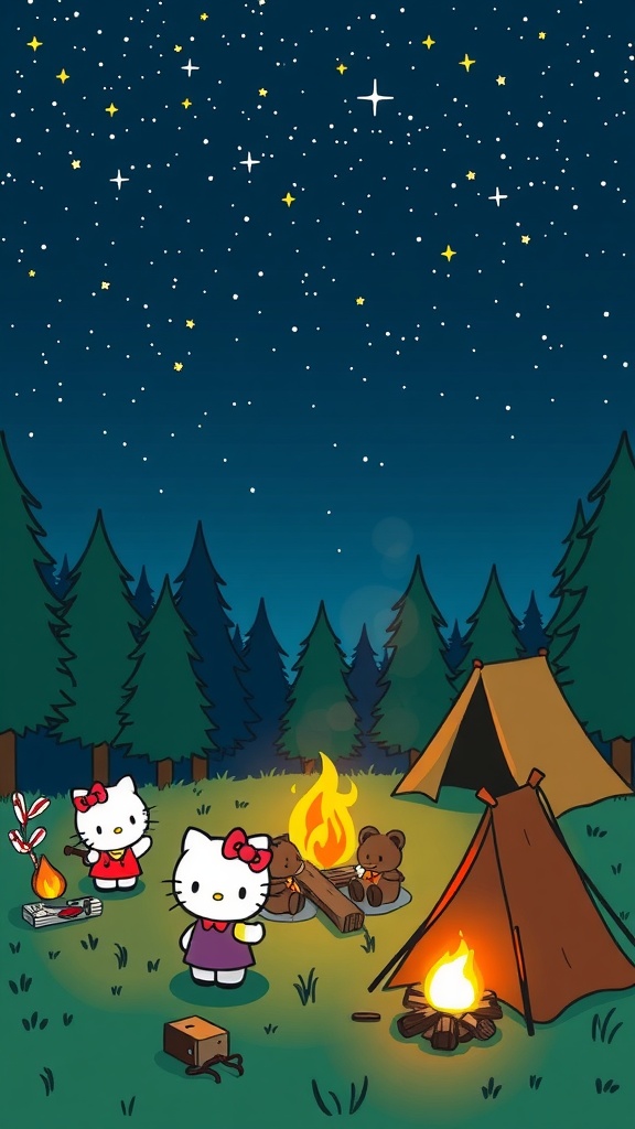 Hello Kitty and friends camping with a campfire and starry sky