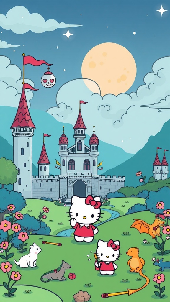 Hello Kitty and friends playing in a fantasy landscape with a castle and cute animals.