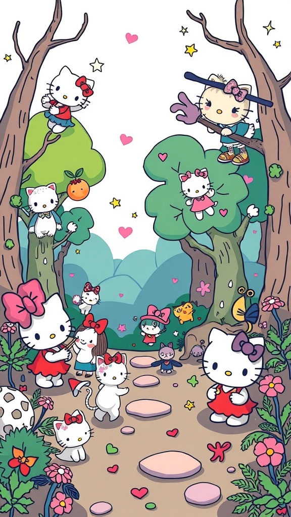 Hello Kitty and friends in a magical forest with trees, flowers, and playful characters.