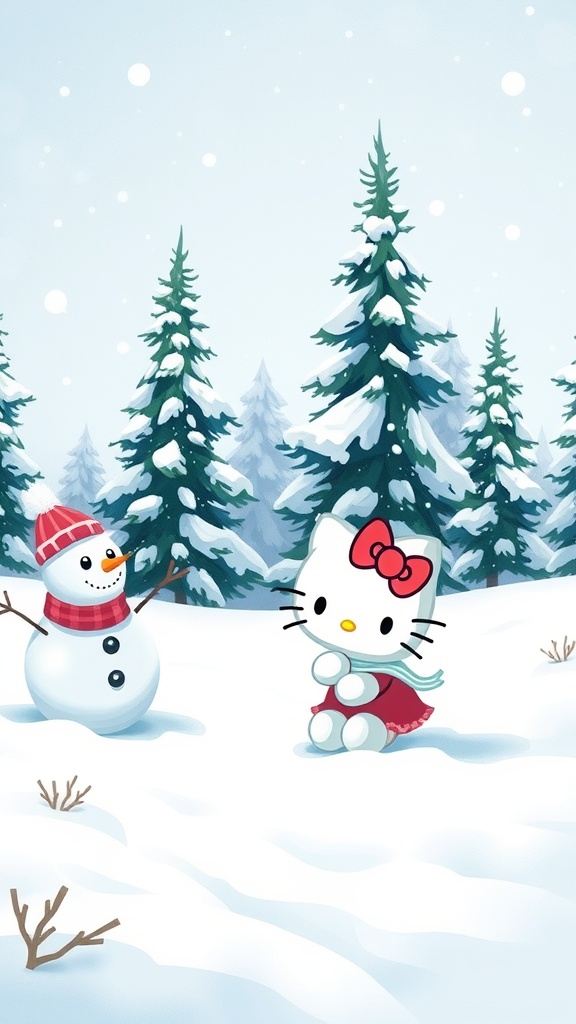 Hello Kitty in a snowy landscape with a snowman and pine trees