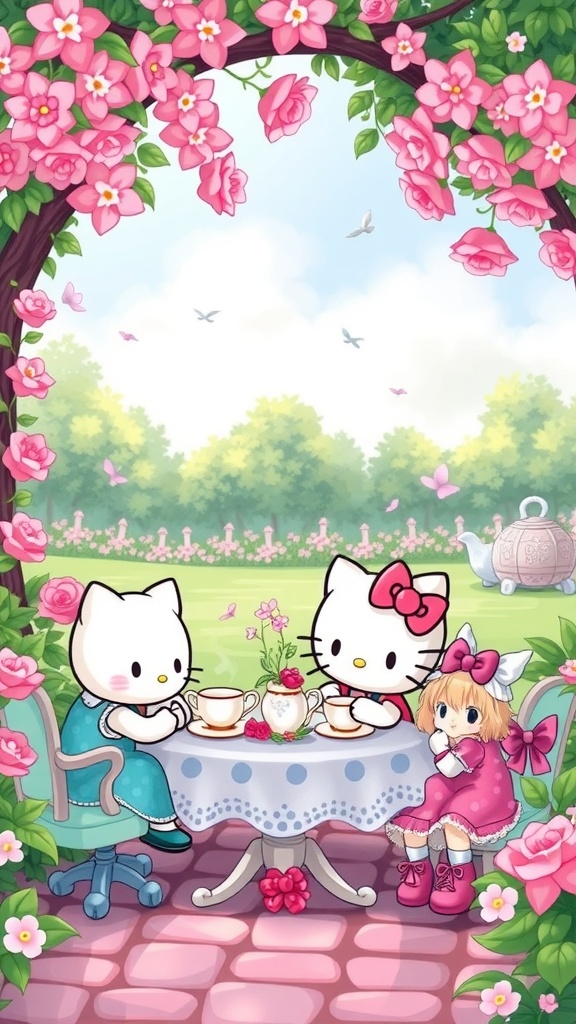Hello Kitty and a friend enjoying a tea party in a flower-filled garden