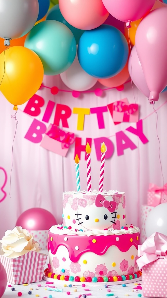 A festive birthday party scene featuring Hello Kitty decorations, balloons, and a cake.