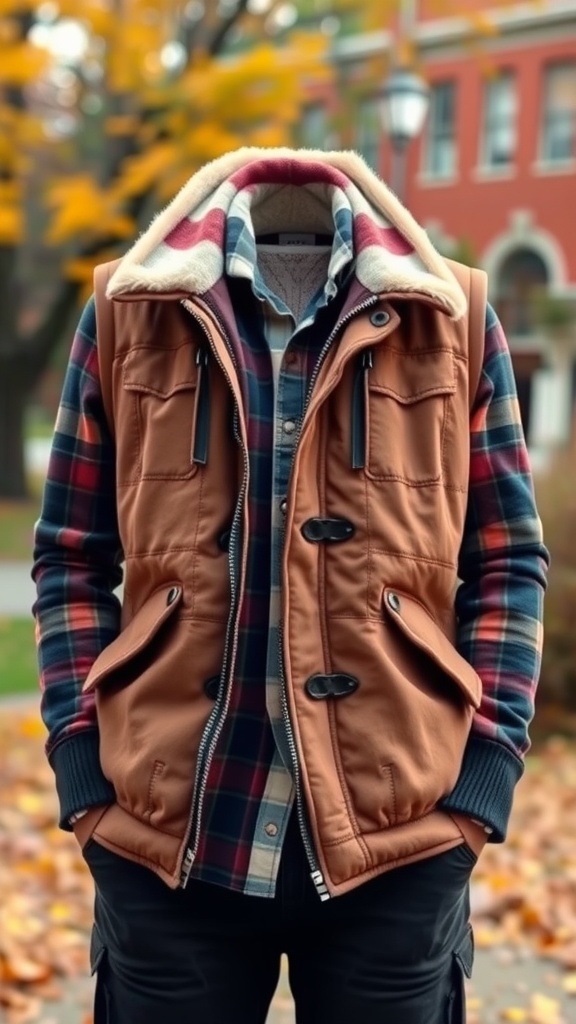 A stylishly layered outfit featuring a brown vest over a plaid shirt.