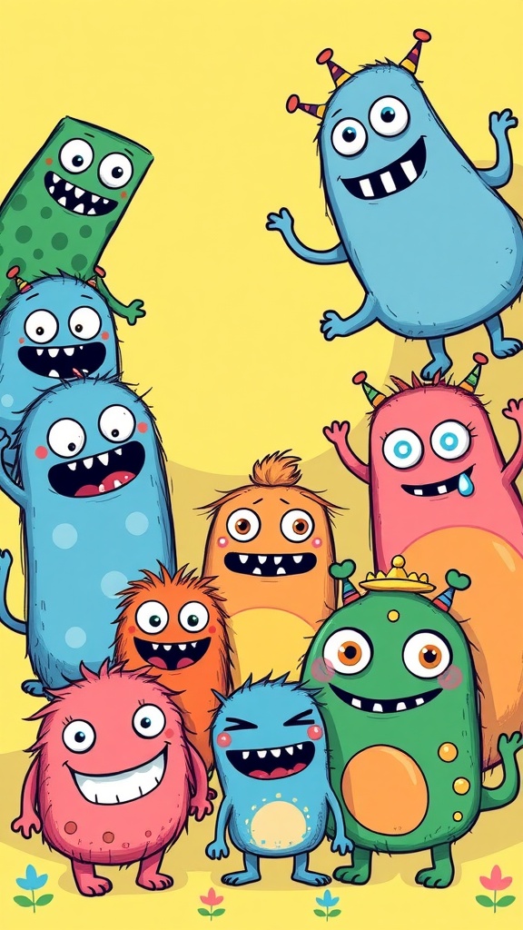 Colorful cartoon monsters with big smiles and playful poses on a vibrant yellow background.