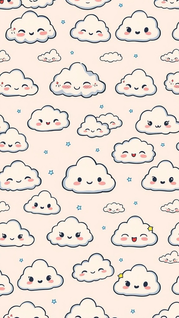 Cute kawaii cloud pattern with happy faces on a soft pink background.