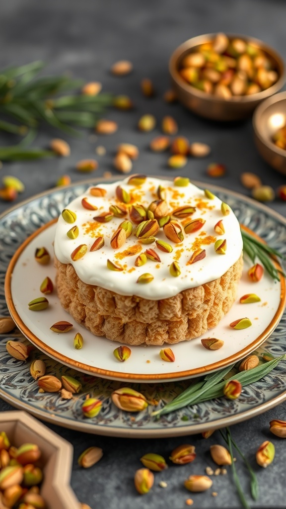 Kharouf dessert topped with cream and pistachios on a decorative plate.