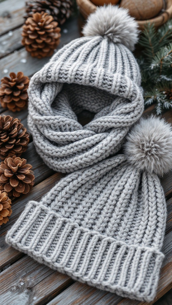 A cozy grey knitted beanie and scarf set with pom-poms, surrounded by pinecones.