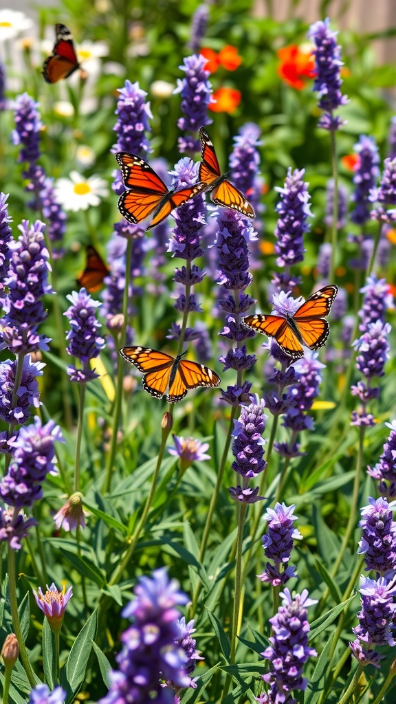 Lavender flowers with orange butterflies fluttering around.