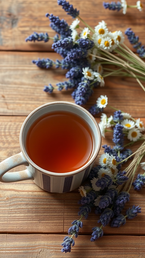 A cup of tea surrounded by lavender and chamomile flowers on a wooden table.