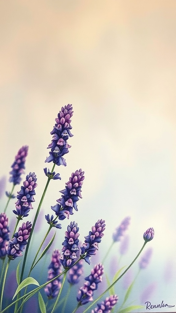 A close-up of lavender flowers in soft pastel colors on canvas.