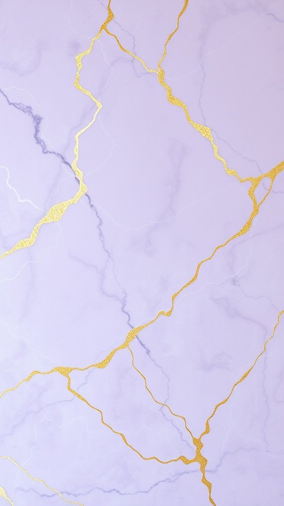 Lavender marble wallpaper with golden glitter swirls