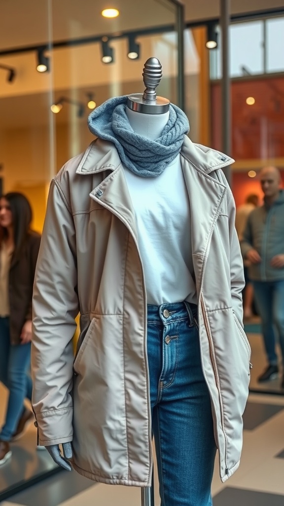 A mannequin displaying a layered outfit with a light jacket, white t-shirt, and a cozy scarf.